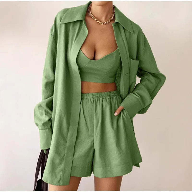 Women Elegant Stripes Cotton Linen Loose Shirt Shorts Suits Fashion Lapel Half Sleeves Elastic Waisted Shorts Summer Lady Outfit