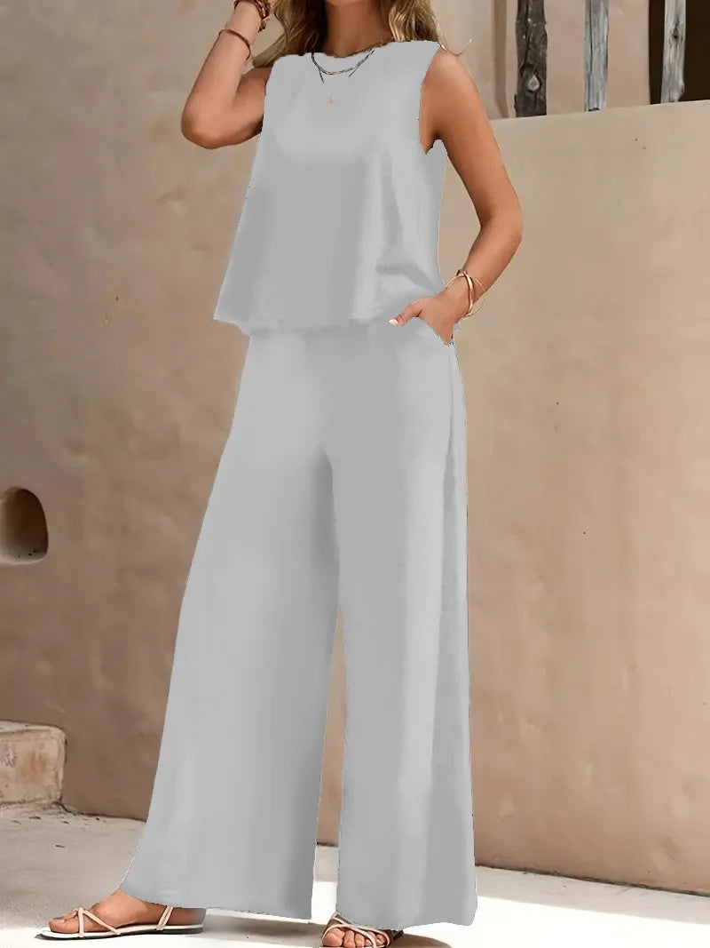 QX Womens Sleeveless Summer 2025 Pants Suit Flash Sale Solid Color Elegant Two Piece Round Neck Suit