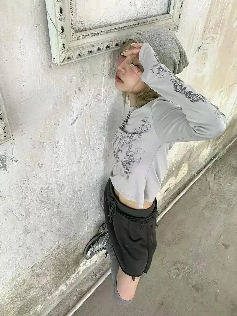 Vintage Women Clothes Y2K T-shirts 2023 Blusas O-neck Long Sleeve Print Tunic Woman Clothing Fashion Casual Crop Tops Shirts