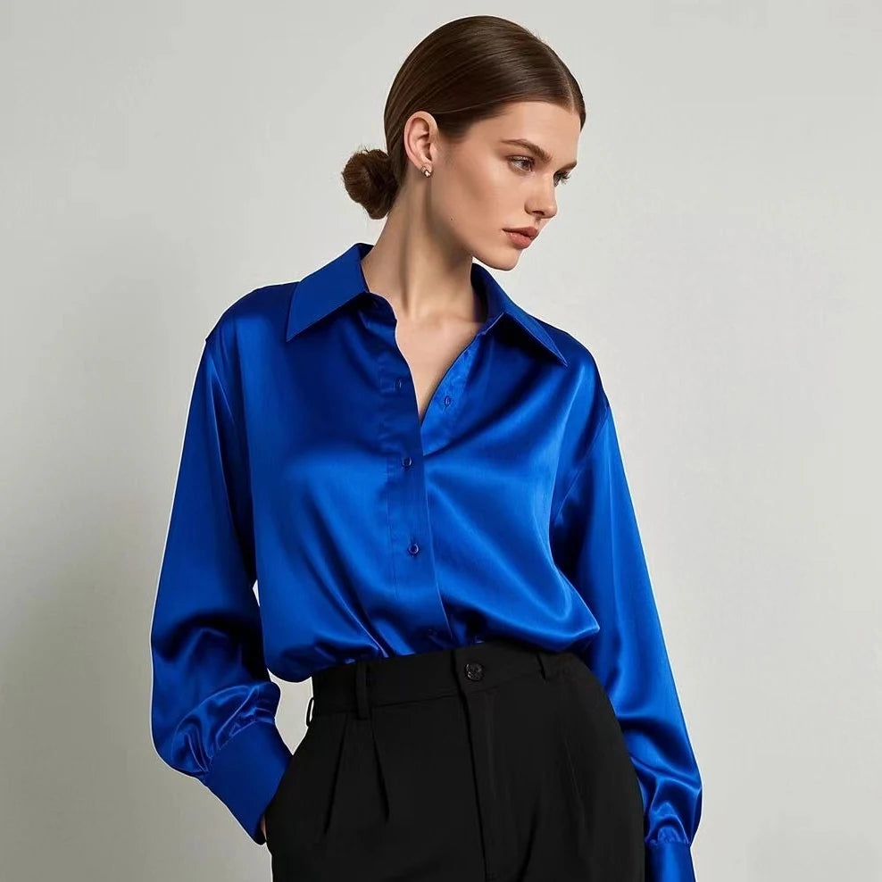 Autumn Casual Women's Satin Shirt All-Match Basic Solid Color Office Lady's Top Trendy Multicolor Shirts And Blouses Chic Top
