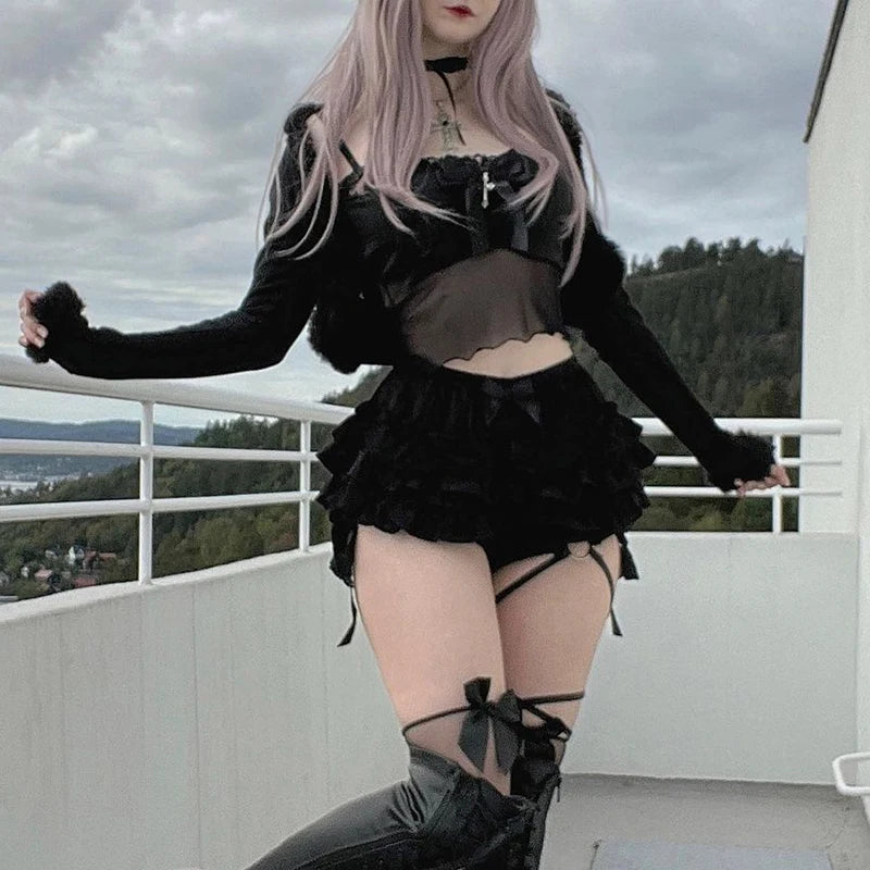 AltGoth Mall Goth Hotsweet Shorts Women Aesthetic Y2k E-girl Cute Sweet Fairycore Grunge Lace Bow Patchwork High Waist Shorts