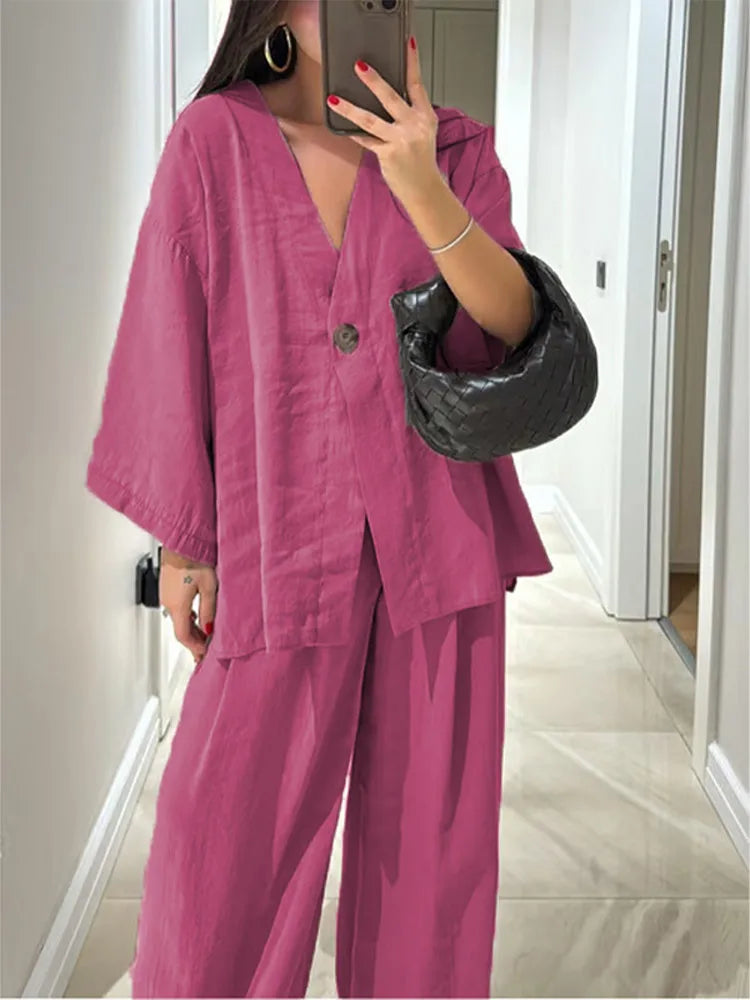 Women Classic Solid Wide Leg Pants Suits Summer Fashion V-neck One Button Loose Blouse Sets Casual Female Daily Streetwear 2025