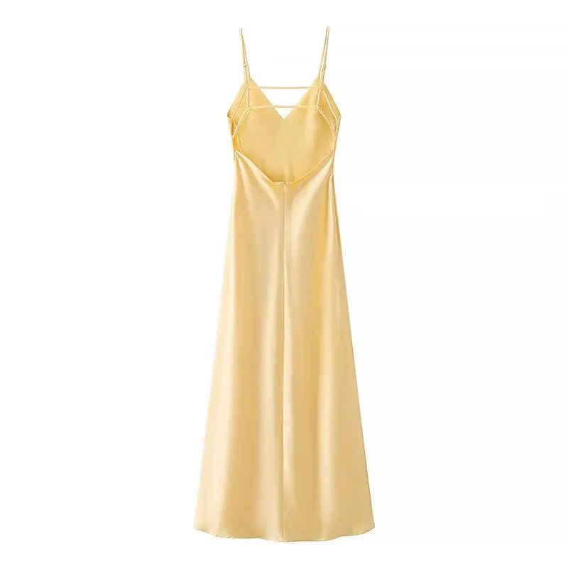 TRAFZA Women Summer Yellow Stain V Neck Sling Dress Elegant Sleeveless Loose Maxi Robes 2025 New Ladies Party Holiday Dresses