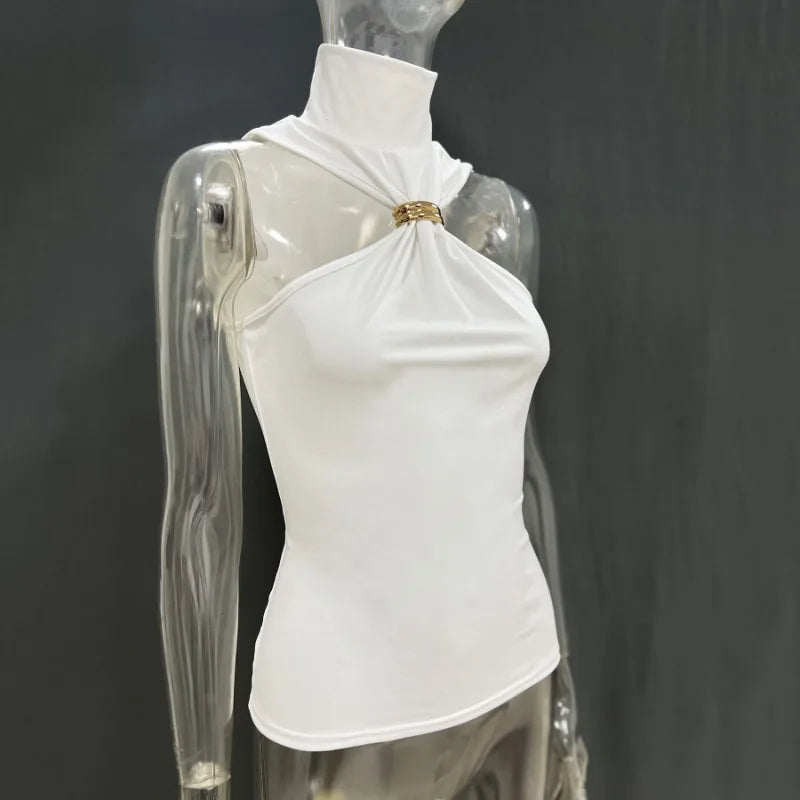 Trendix Fashion Metal Ring Tank Top Women 2025 Summer Y2k Solid Sleeveless Patchwork Tops Ladies Vacation Slim Party Elegant Top