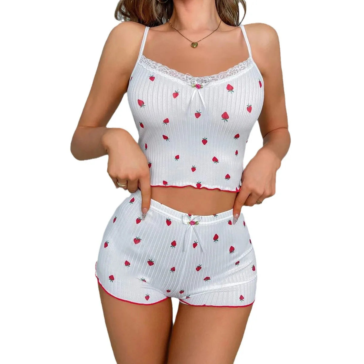 Women's Summer Lace Trim Sleeveless Pajamas Set Strawberry Print Camisole Short Shorts Sexy Sleepwear Cute Two-Piece Nightwear