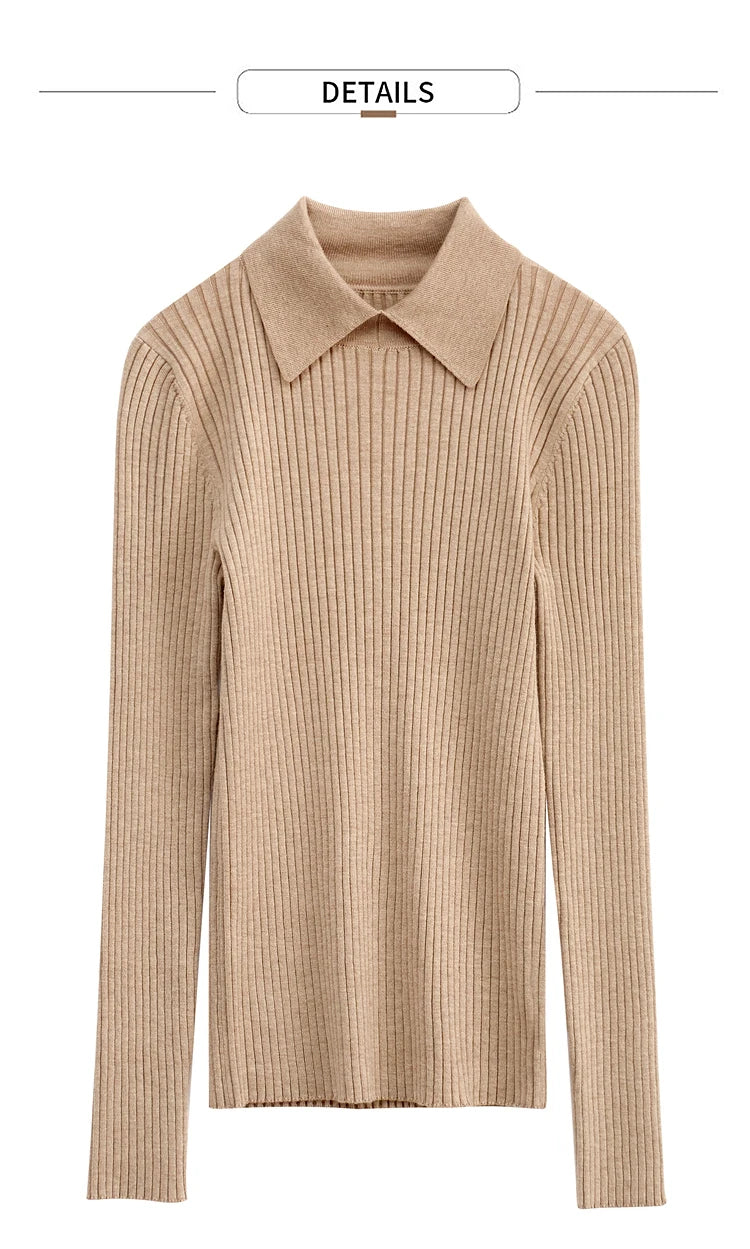 Amii Minimalism 2024 Sweater for Women Autumn New Office Lady Basic Lapel Striped Slim Knitted Tops Solid Trendy Blouse 12444058