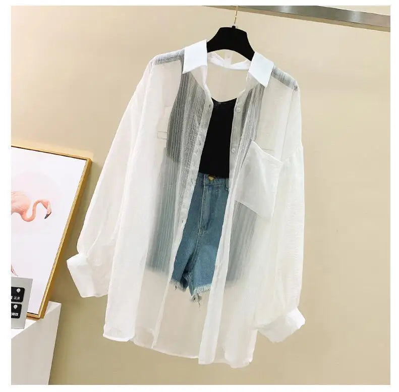 Summer sunscreen chiffon blouse Korean Harajuku style loose casual women's cardigan elegantly perforated top sheer fashionable