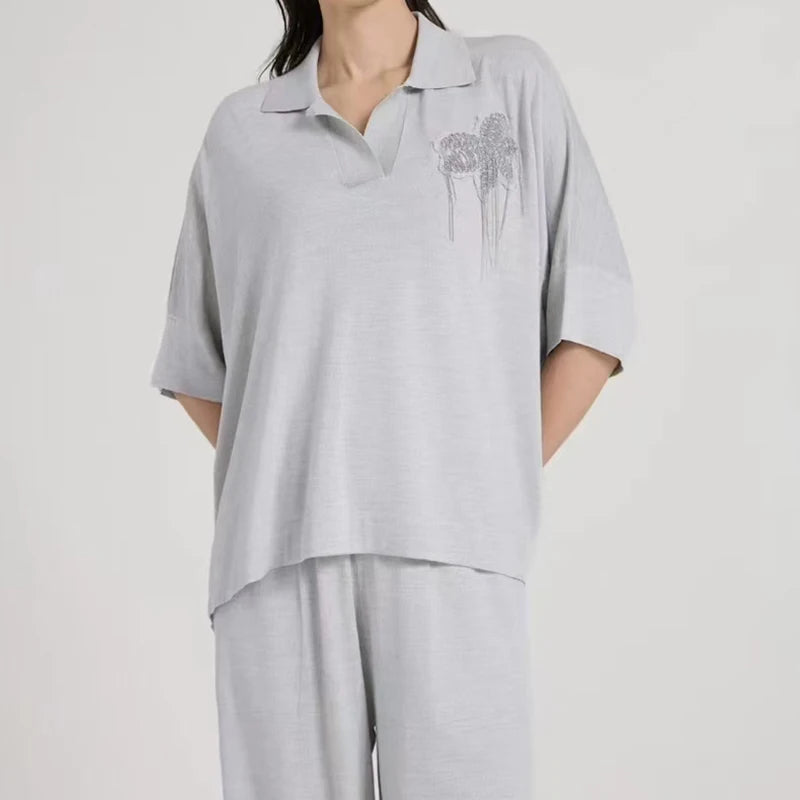 25 Italy Classic Old Money Style Silk Sheep Wool Suit Women's Animal Embroidery Summer Elegant Travel Short Sleeve Wide Pants