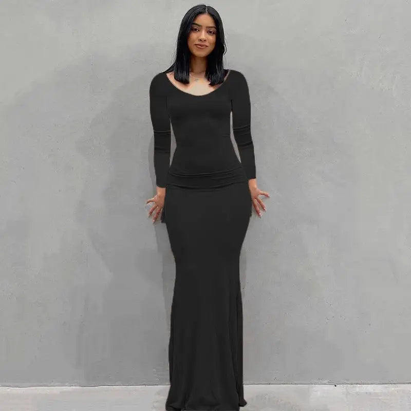2025 Autumn Long Sleeve Dresses For Women Sexy V Neck Bodycon Solid Elegant Long Dress Y2k Skinny Trumpet Maxi Vestidos