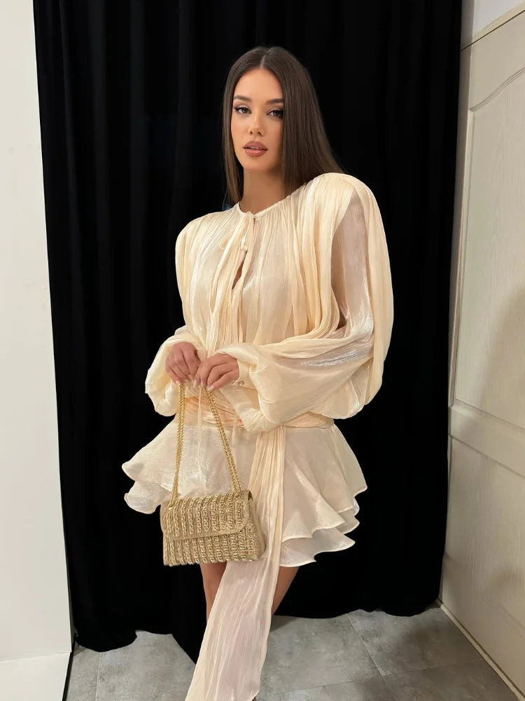 Stunning Shiny Ruffles Lace Up Mini Dress Women's Chic Loose Hollow Out A-line Pleated Vestidos Lady Summer Party Gowns 2025 New