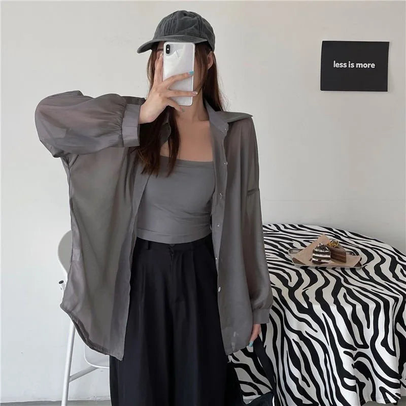 Xpqbb Women's White Chiffon Shirt Sheer Thin Long Sleeve Sun Protection Blouse Woman Casual Loose Simple Single-breasted Shirts