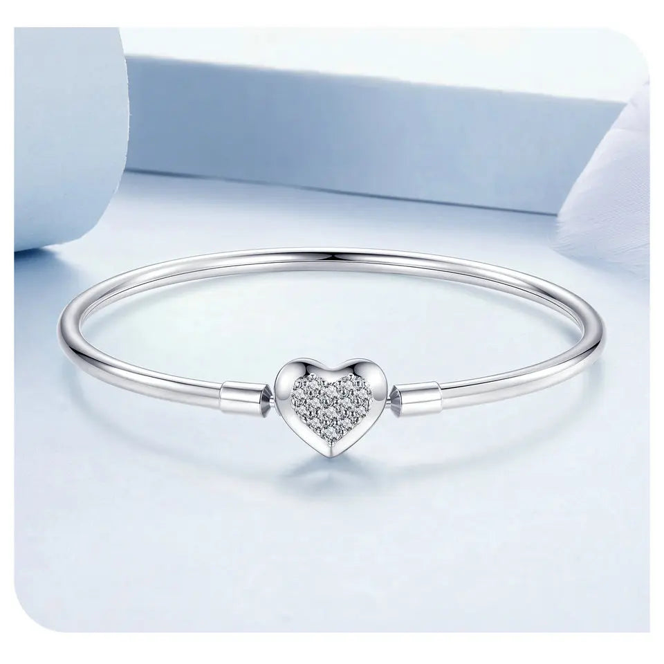 BAMOER Genuine 925 Sterling Silver Charm Glossy Bracelet Heart/Shell Clasp Basic Bangle Star Spacer Beads for Women DIY Jewelry