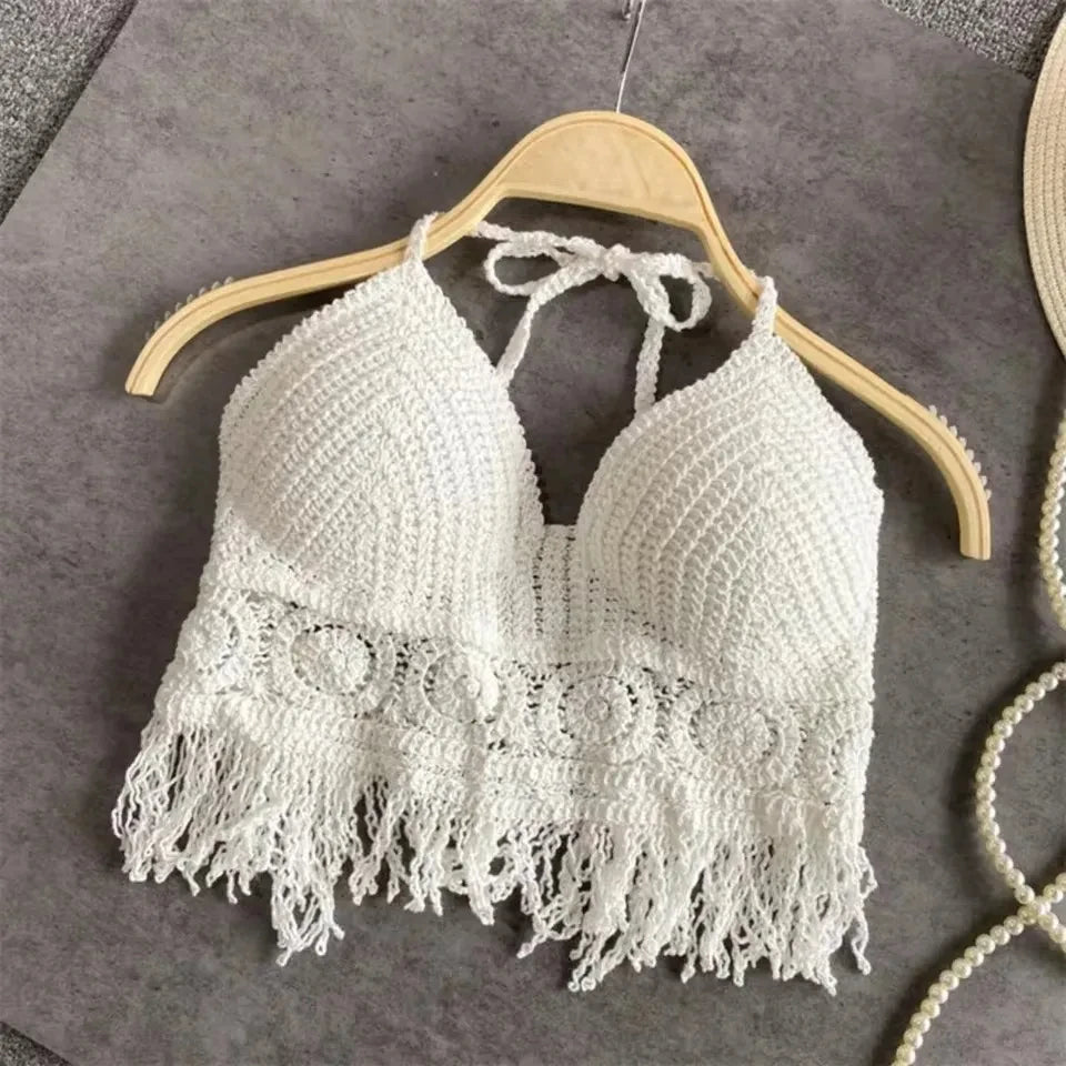 Boho Crochet Halter Top for Women Summer Beach Knit Crop Top with Tassels Backless Sleeveless Bralette