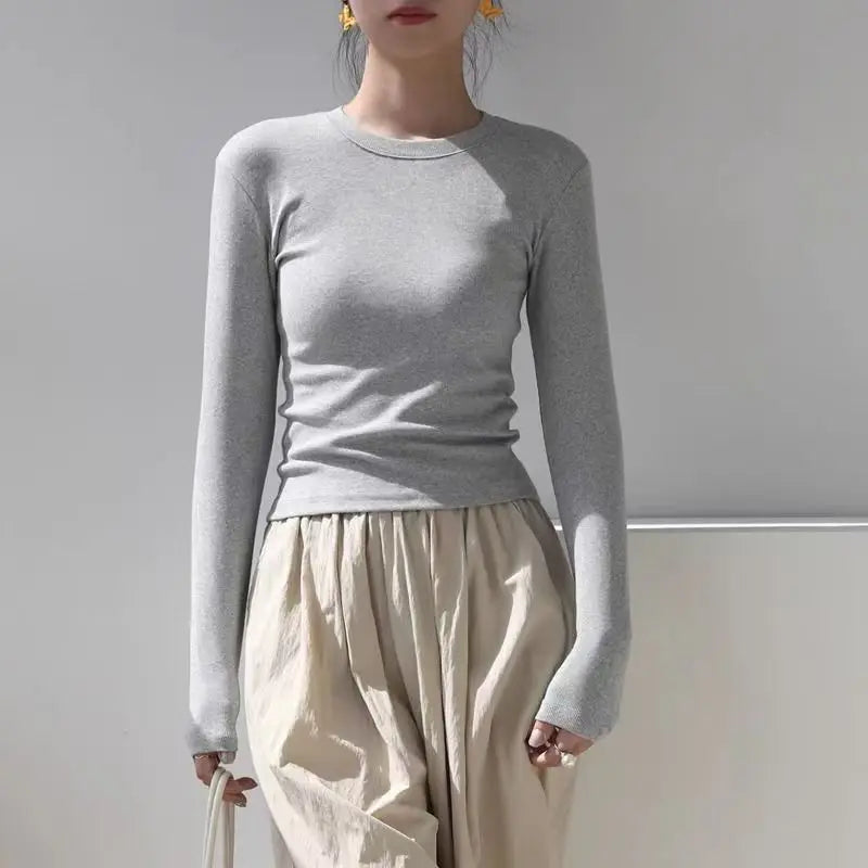Cotton O Neck Long Sleeve Shirt Women Sexy Cropped Tops 2024 Autumn Black Casual Skinny Slim Basic Woman T Shirts White Clothing