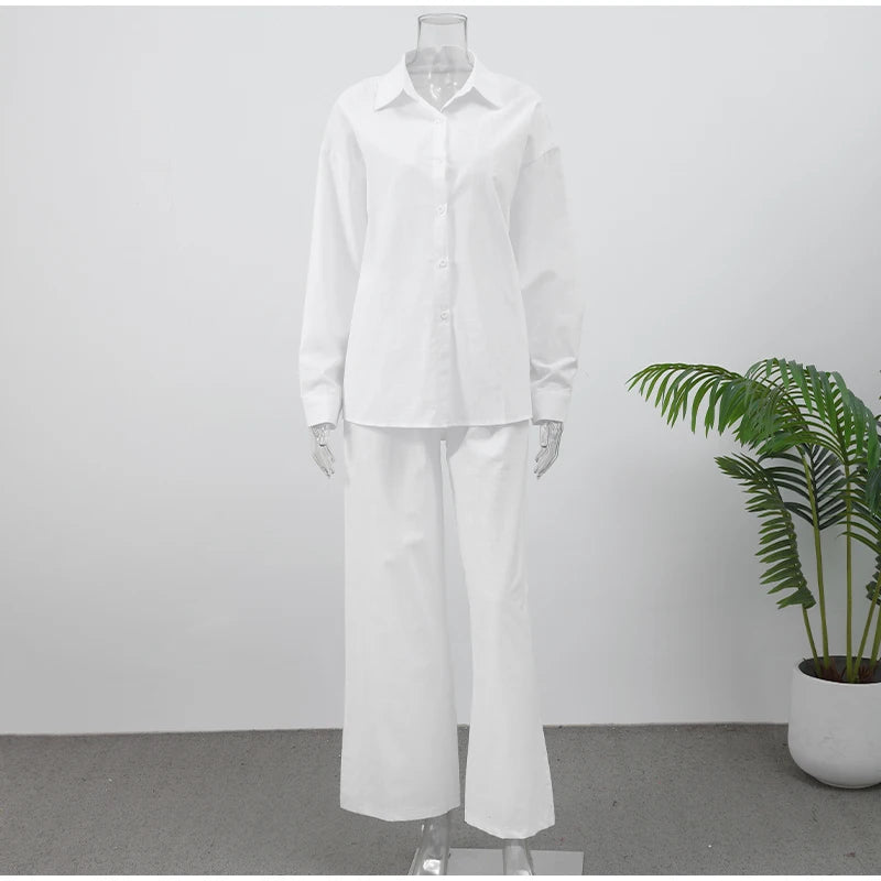 Classic Solid Shirt Pants Set Women Casual Loose Long Sleeved Lapel Elastic Waist Two Piece Suit 2025 New Summer Street Outfit