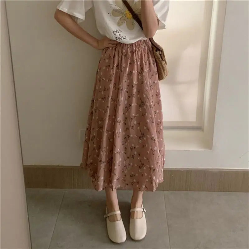 Vintage Floral Print A-line Pleated Long Skirts Summer Women 2024 Korean Skirt Streetwear Drawstring Elastic Waist Midi Skirt