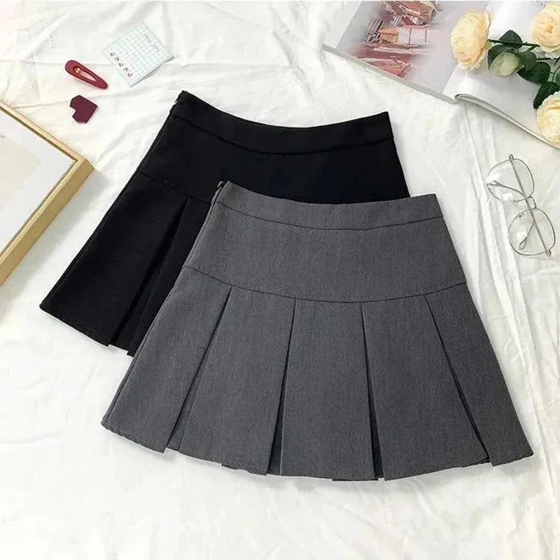 Vintage Gray Pleated Skirt Women Kawaii High Waist Mini Skirts Korean Fashion School Uniform Harajuku Streetwear Spring
