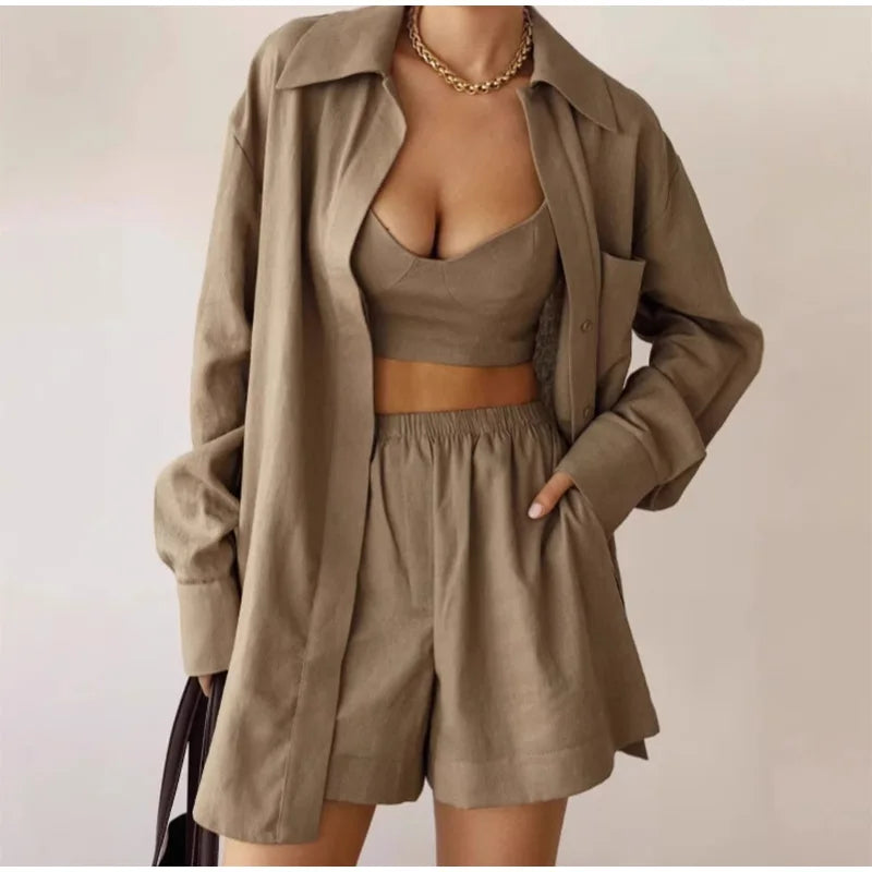 Women Elegant Stripes Cotton Linen Loose Shirt Shorts Suits Fashion Lapel Half Sleeves Elastic Waisted Shorts Summer Lady Outfit
