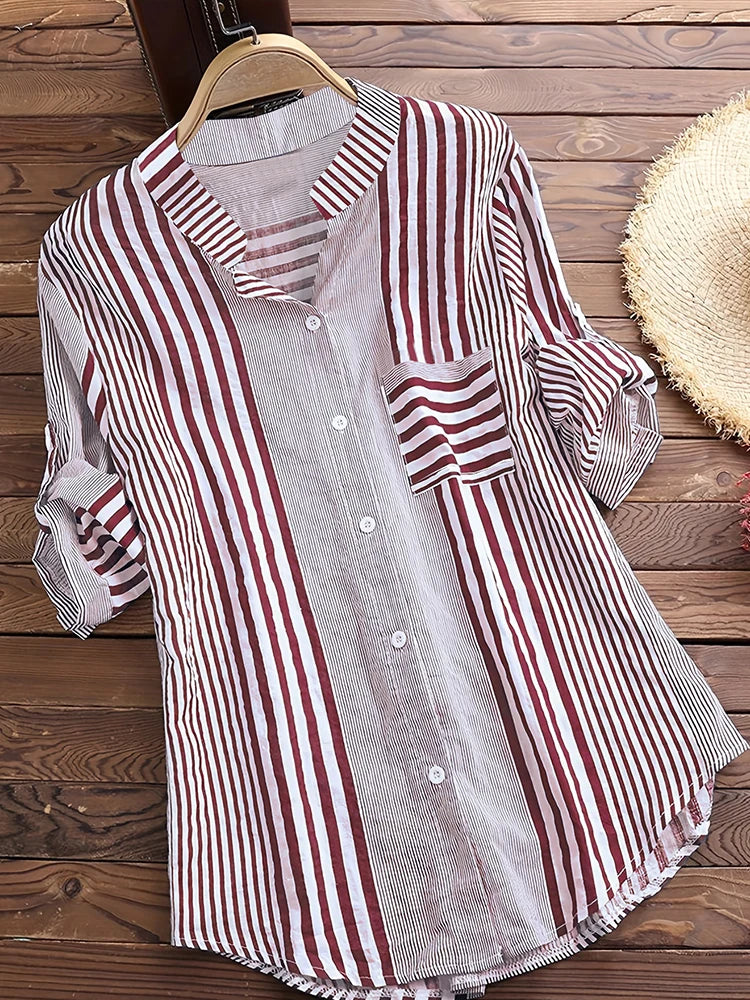 Women's Spring Fall Cotton Linen Long Sleeves Roll Up Striped Casual V Neck Button Down Shirts Blouses Collar Tunic Tops