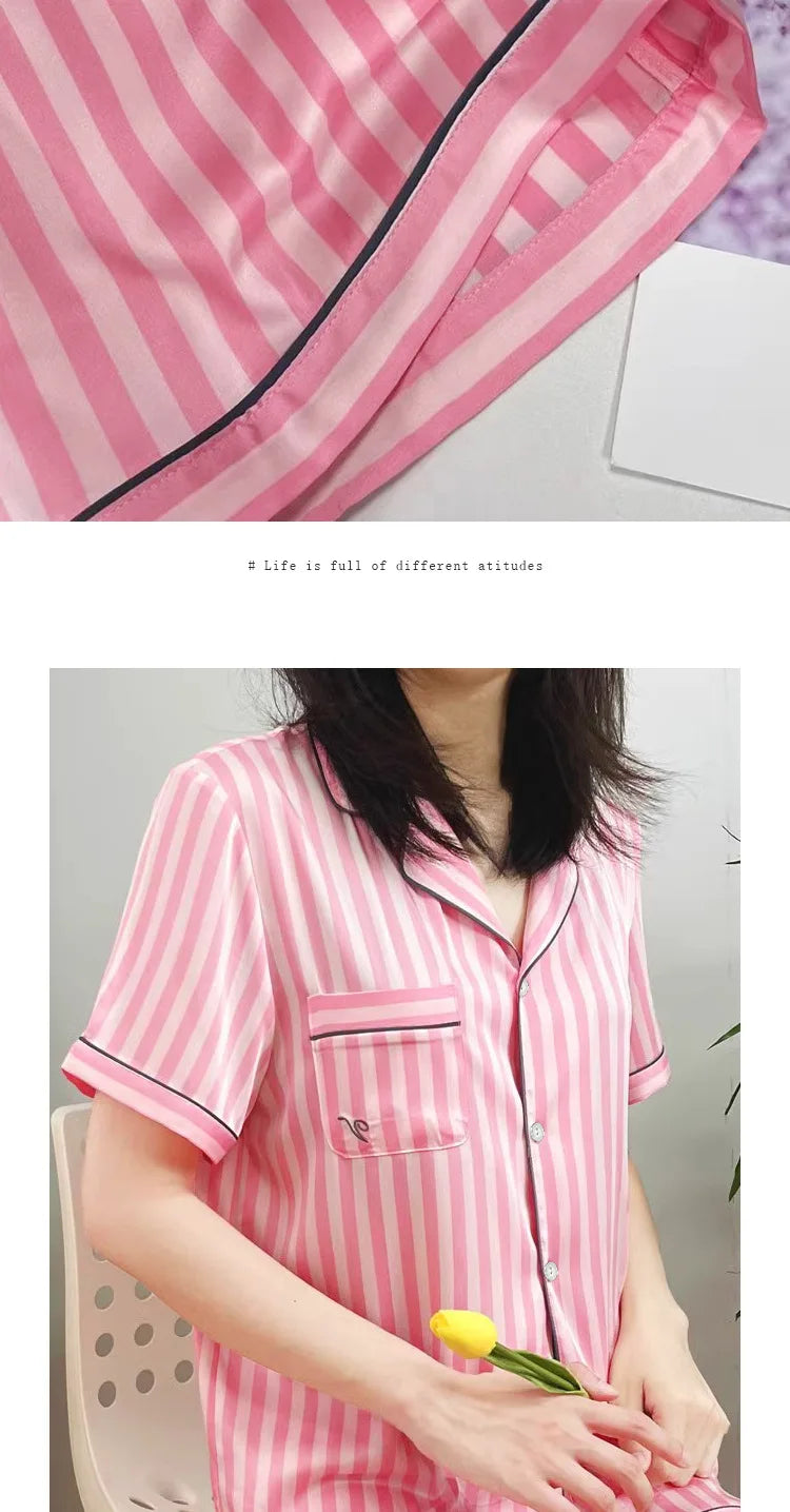 Large Size Women Pajamas Set Short-Sleeved Student Homewear Two-Piece Cardigan Lapel Senior Sense of Striped Short-Sleeved Short