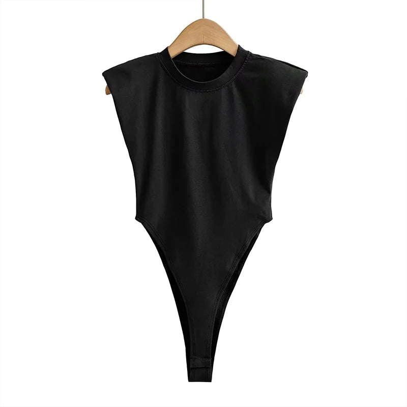 Sexy tops women 2024 Summer one-pieces bodycon bodysuit padded shoulder bodysuit black sleeveless body suits for women white