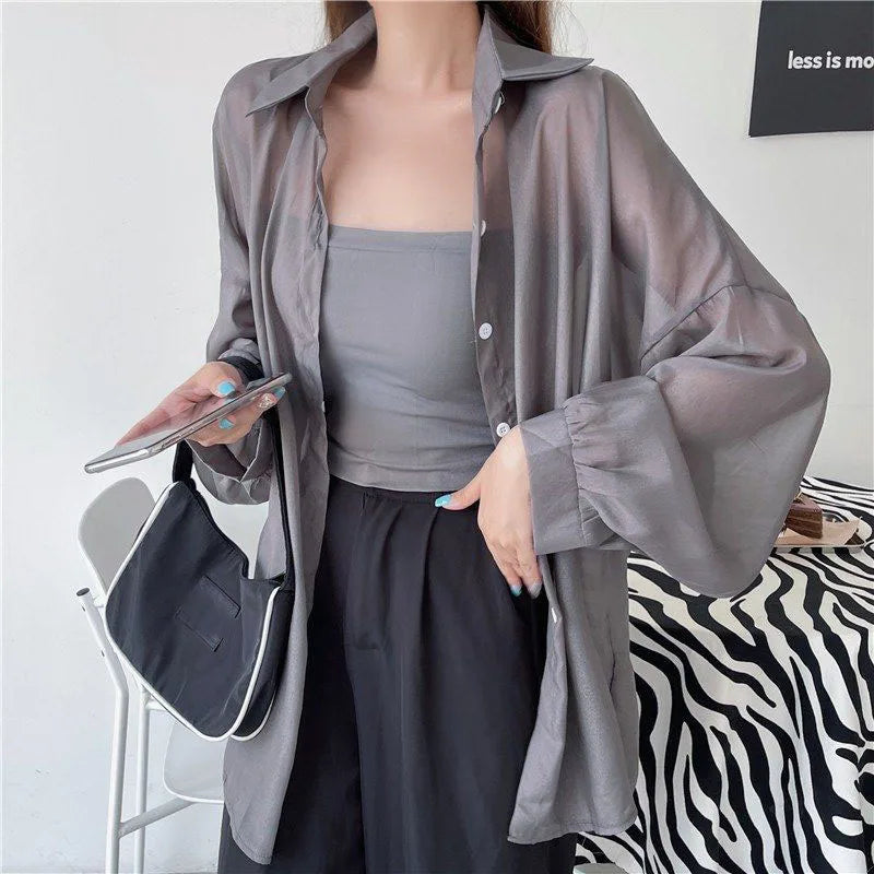 Xpqbb Women's White Chiffon Shirt Sheer Thin Long Sleeve Sun Protection Blouse Woman Casual Loose Simple Single-breasted Shirts