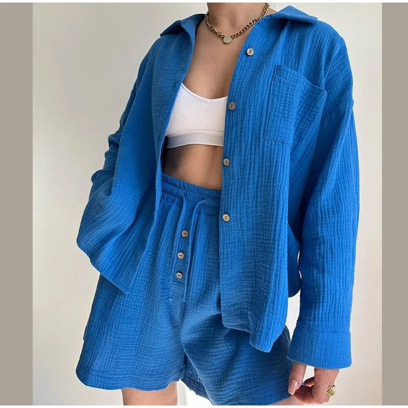 Classic Solid Shirt Pants Set Women Casual Loose Long Sleeved Lapel Elastic Waist Two Piece Suit 2025 New Summer Street Outfit