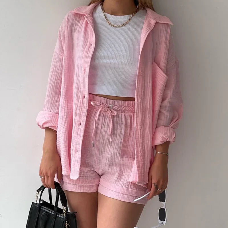 Solid Color Casual Loose Short Pants Sets For Women 2025 Elegant Summer Women's Two Pieces Suit Full Set Female Outfit Clothes