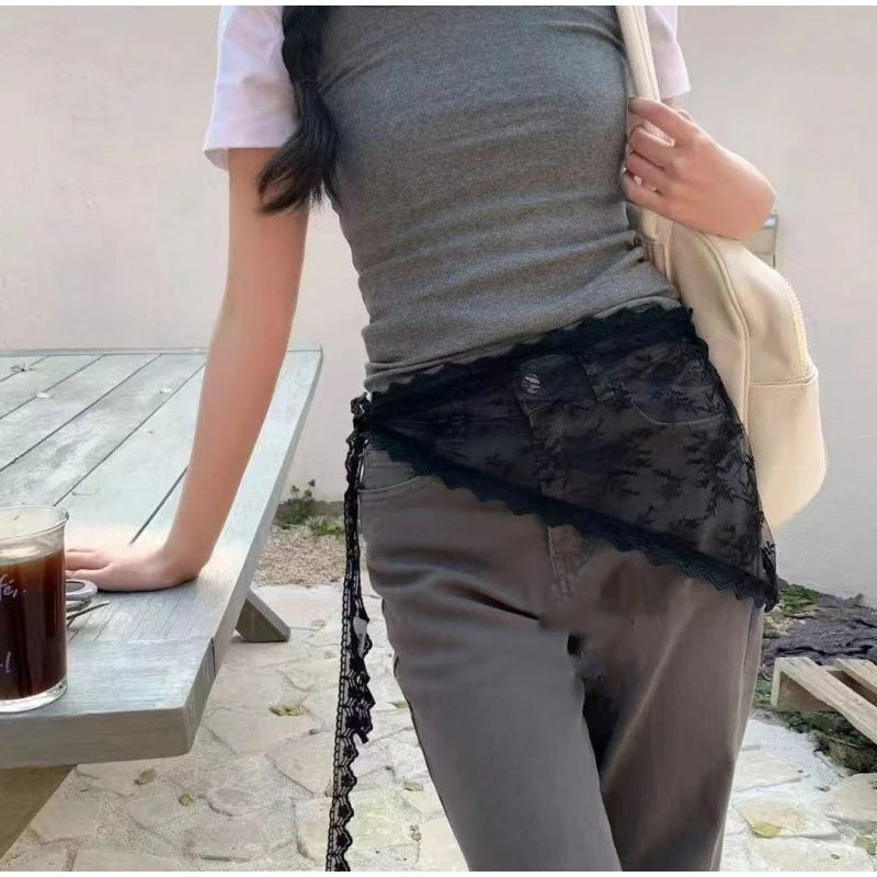2 in 1 Triangle Short Skirt Half Skirt Butt Curtain Skirt Lace Trim Apron Soft Lace Stacked Ins Style Korean Spring Headscarf