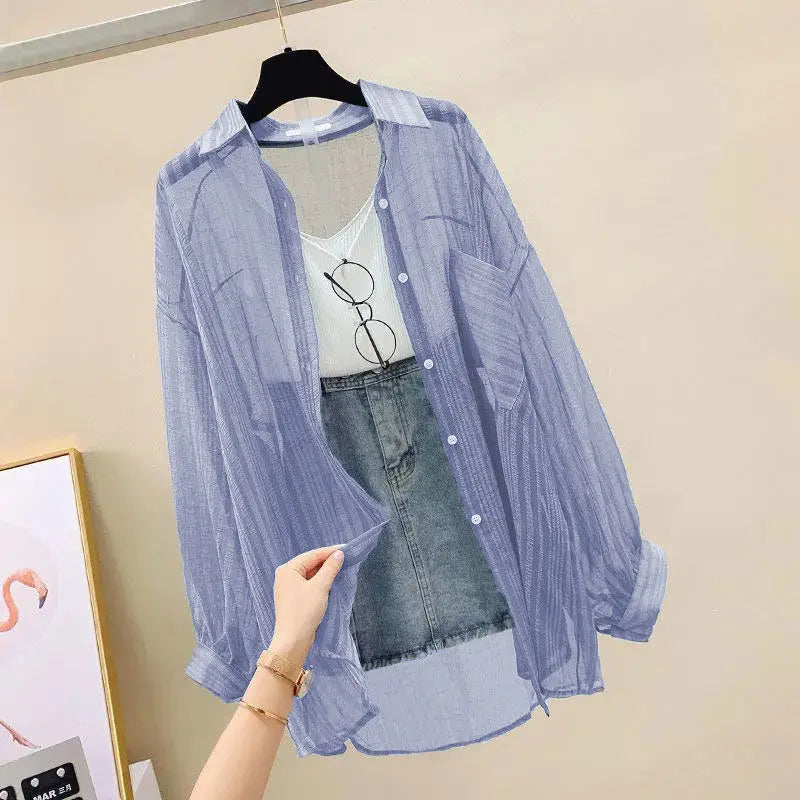 Summer sunscreen chiffon blouse Korean Harajuku style loose casual women's cardigan elegantly perforated top sheer fashionable