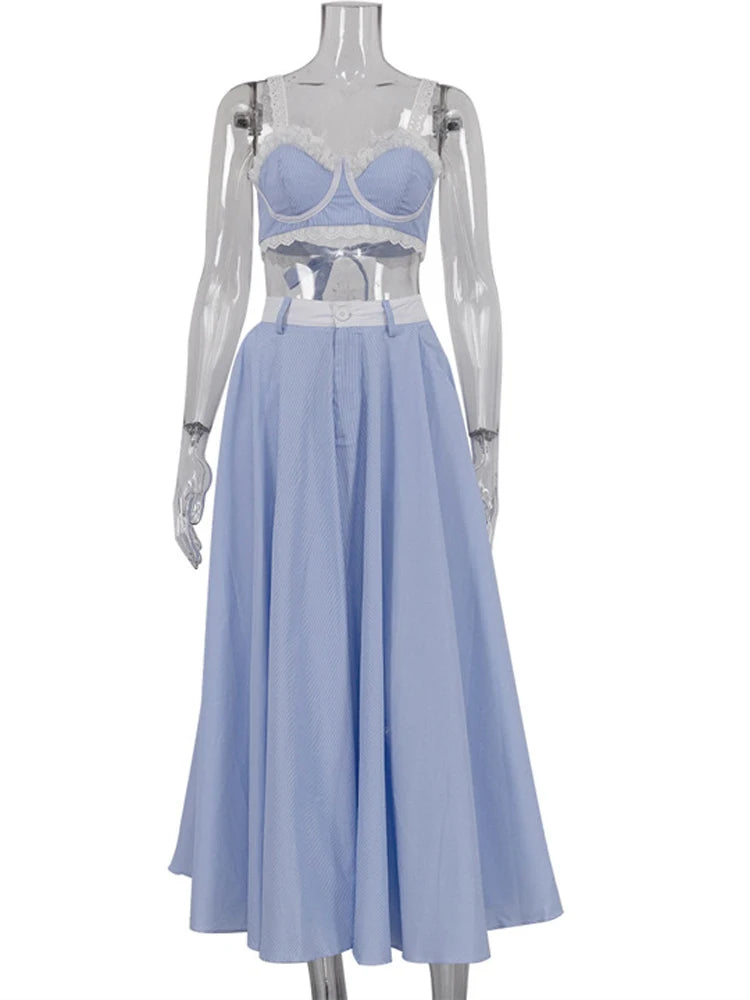 Beyprern Elegant Lace Contrast Stripes Camisole &Skirt Set Two-Piece Dress Holiday Outfits Women Tie-Back Stirped Vacation Dress