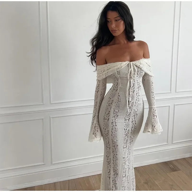 Elegant Cut Out Flared Long Sleeve Maxi Dress Women's Lace Up Hollow Out Off Shoulder Bodycon Vestidos 2025 Lady Outwear Vestido