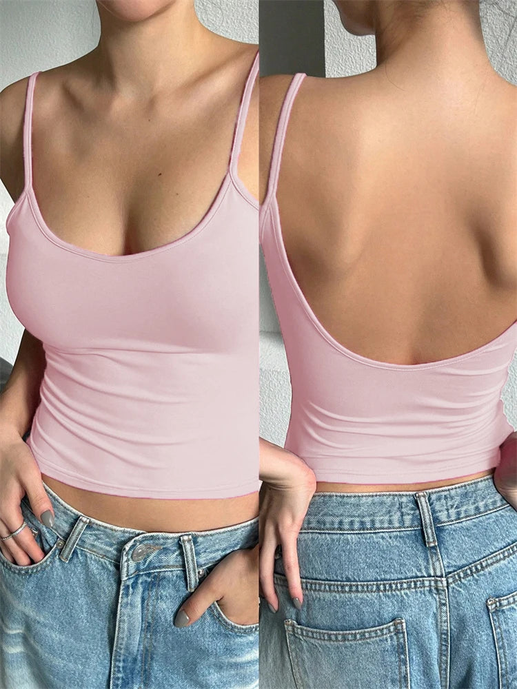 Women Backless Cami Crop Top Summer Solid Color Casual Sleeveless Top Streetwear Y2K Clothes
