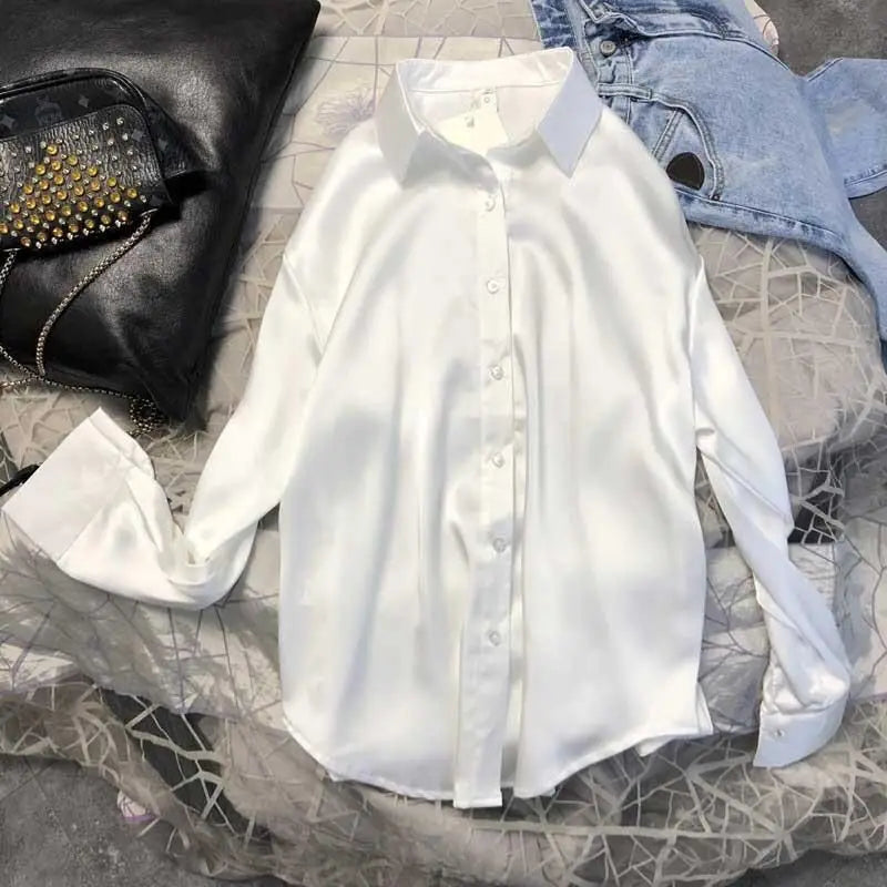 Autumn Casual Women's Satin Shirt All-Match Basic Solid Color Office Lady's Top Trendy Multicolor Shirts And Blouses Chic Top