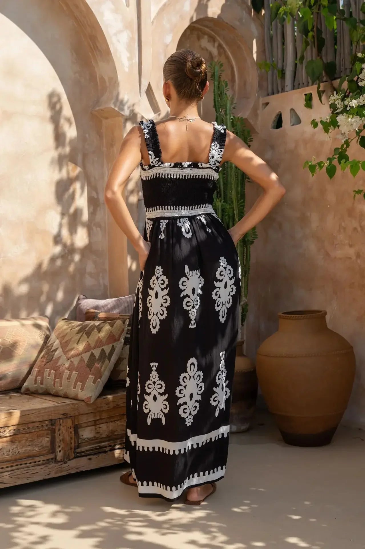 2025 Summer Fashion New Women's Bohemian Style Dress Beach Vacation Printed Strap Fold A-line Length Dress