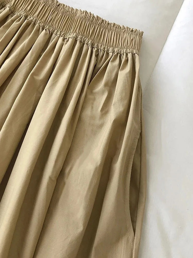 Women White Long Skirt Fashion Pockets Pleated Knee Length Skirts Autumn 2024 New Casual Elegant High Waist A Line Femme Skirts