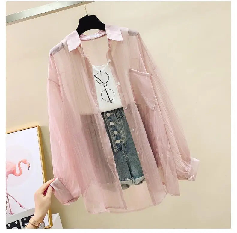 Summer sunscreen chiffon blouse Korean Harajuku style loose casual women's cardigan elegantly perforated top sheer fashionable