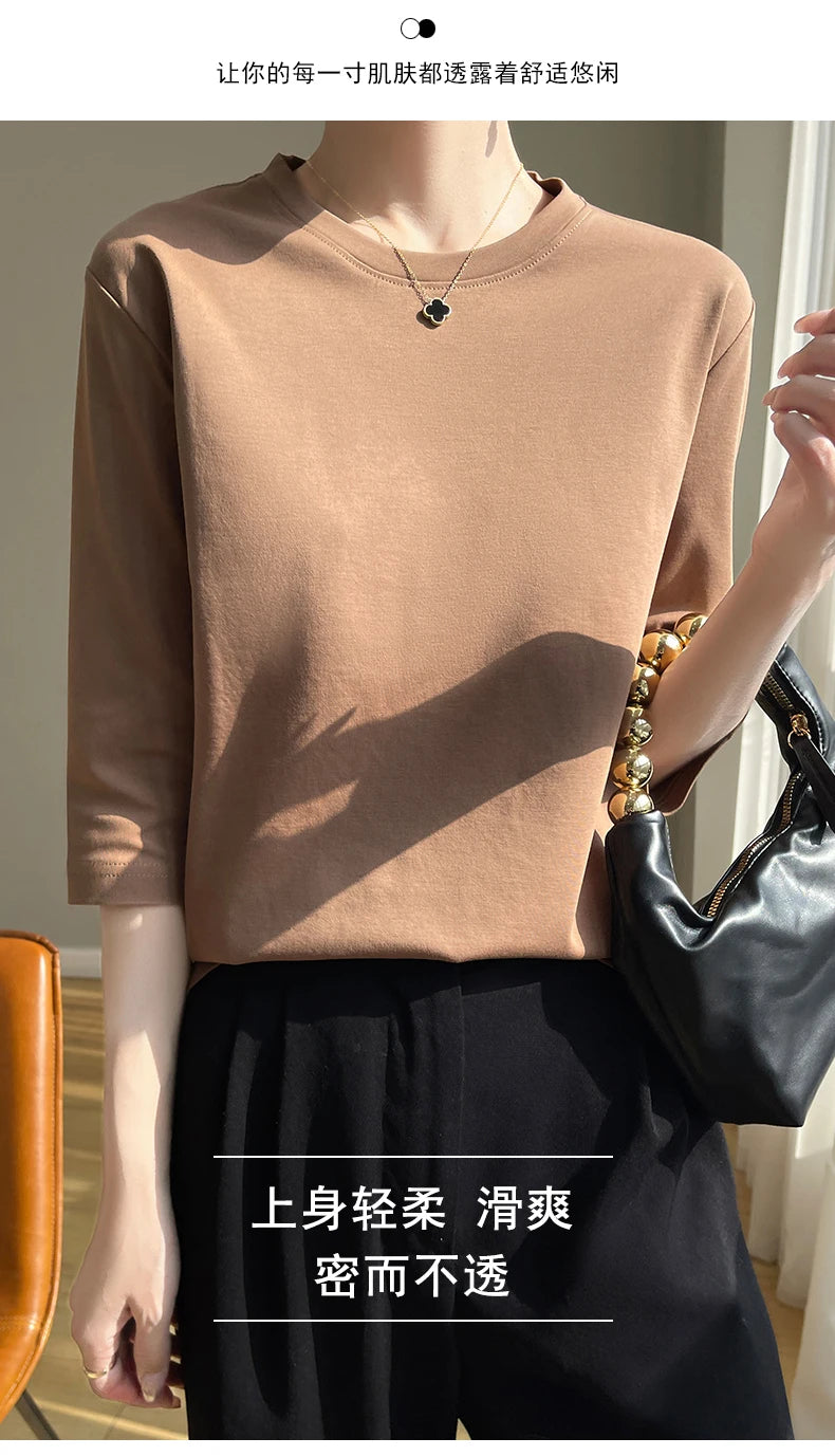 Spring And Summer New White Mercerized Cotton Short Sleeve T-Shirt Feminine Joker Cotton Cropped Sleeve Bottoming Shirt