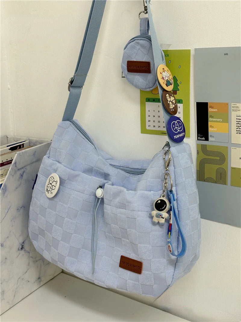 Xiuya Harajuku Style College Crossbody Bag Solid Color Plaid Print Large Capacity Shoulder Bag New Cute Fashion Designer Handbag