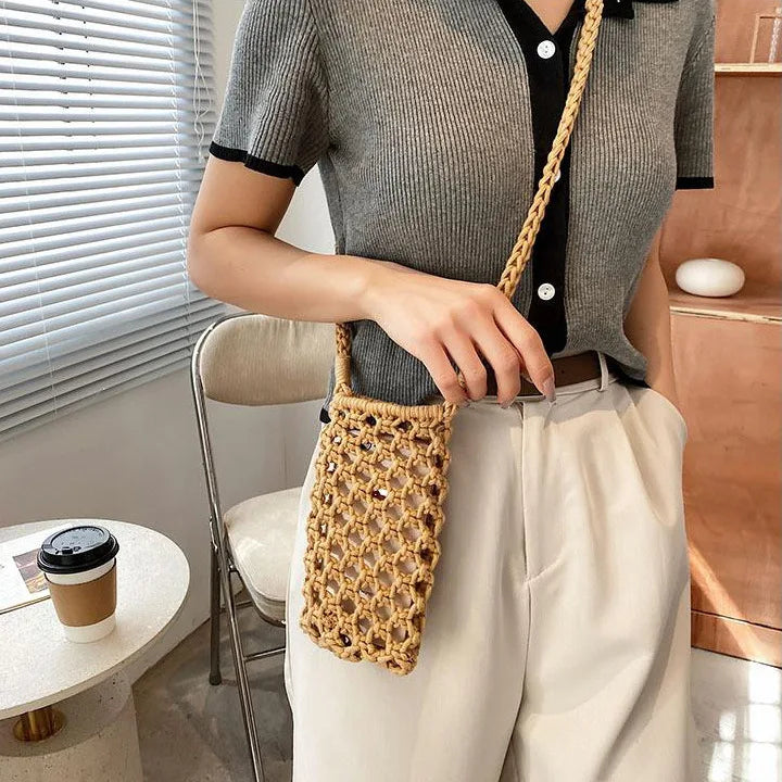 Women Fashion Small Crossbody Phone Bag Solid Color Hollow-out Woven Crochet Lightweight Braided Shoulder Handbag Crossbody Bags