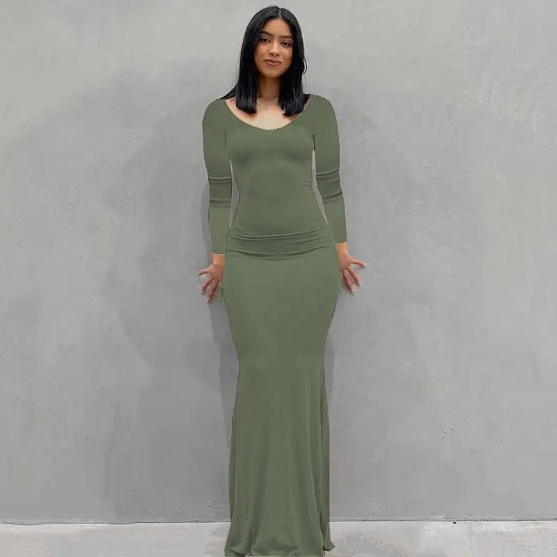 2025 Autumn Long Sleeve Dresses For Women Sexy V Neck Bodycon Solid Elegant Long Dress Y2k Skinny Trumpet Maxi Vestidos
