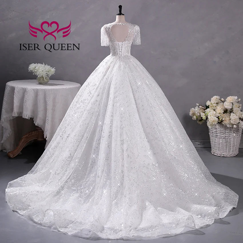 Customized Short Sleeves Sequin Tulle Wedding Dress For Woman 2025 Europe Fashion Wedding Party Dress Lace Appliques WX0397