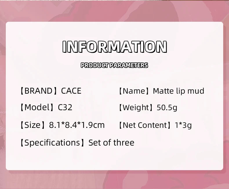 CACE 3 Pcs Sweet Liquid Lipstick Set Matte Velvet Lip Glaze Waterproof Long Lasting Non-marking Lip Tint Cosmetic Kits Lipgloss