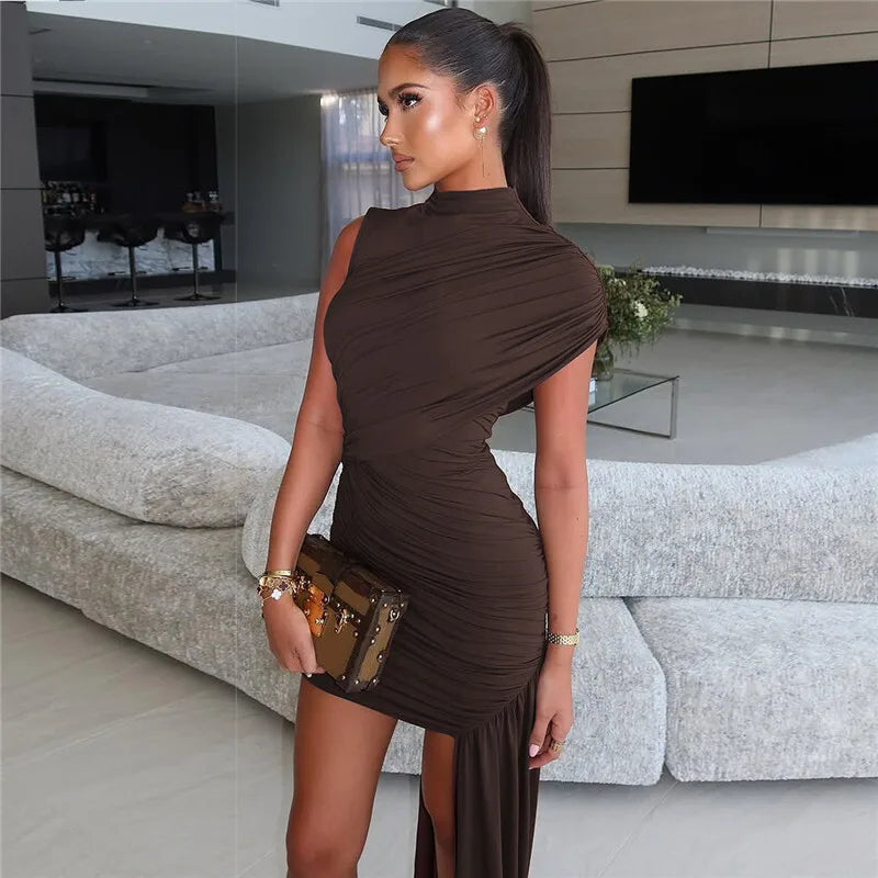 Balitops Summer Draped Ruched Sexy Mini Dress Women 2025 New Irregular High Waist Slim Fit Dress Female Elegant Club Tank Dress