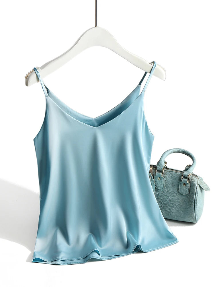 AOSSVIAO 2025 Spaghetti Strap Top Women Halter V Neck Basic White Cami Sleeveless Satin Silk Tank Tops Women'S Summer Camisole