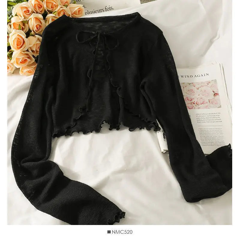 Women Frenum Cardigan Blouses and Tops Bow Lace Up Long Sleeve Crop Top Female Elegant Shirt Thin Aesthetic Clothes Korean Style