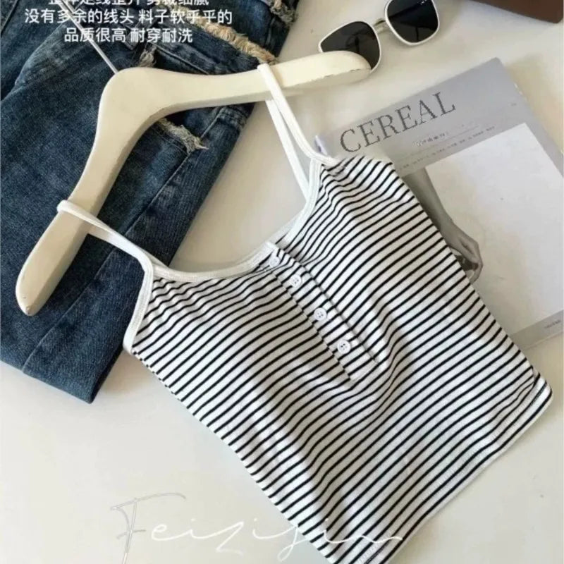 White Stripe Small Cami Women Autumn Gyaru Sexy Button Slim fit Short With Chest Pad Top NS5861
