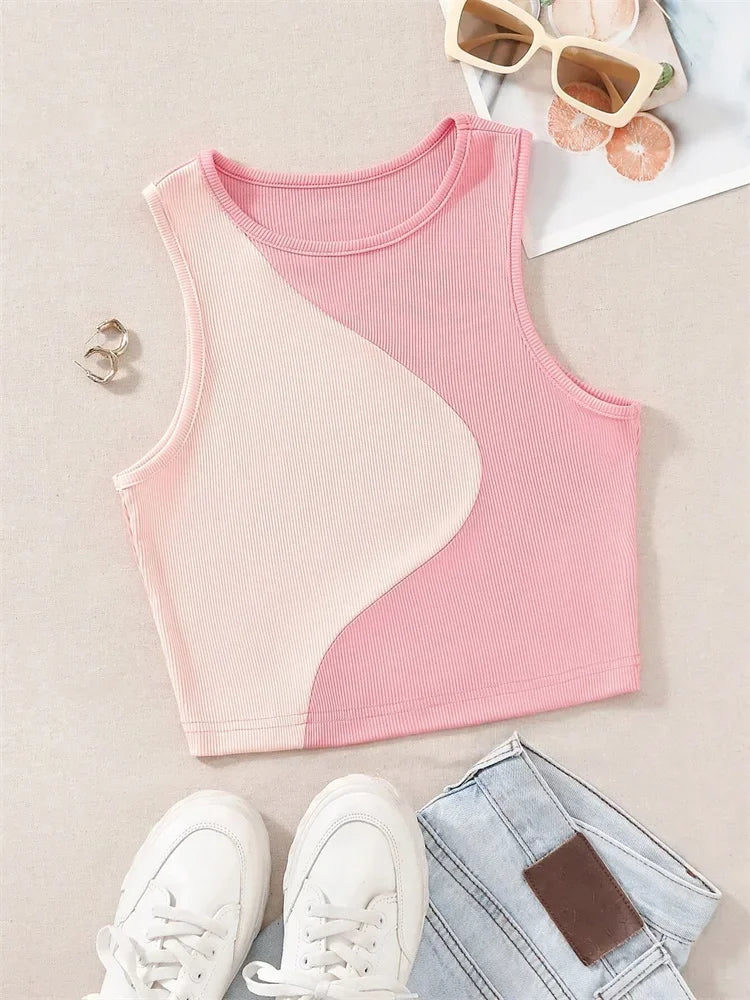 High Street Style Patchwork Rib Knit Sleeveless Crop Top Women Summer Y2K Clothes Korean Fashion Tank Top Tee Streetwear 2023