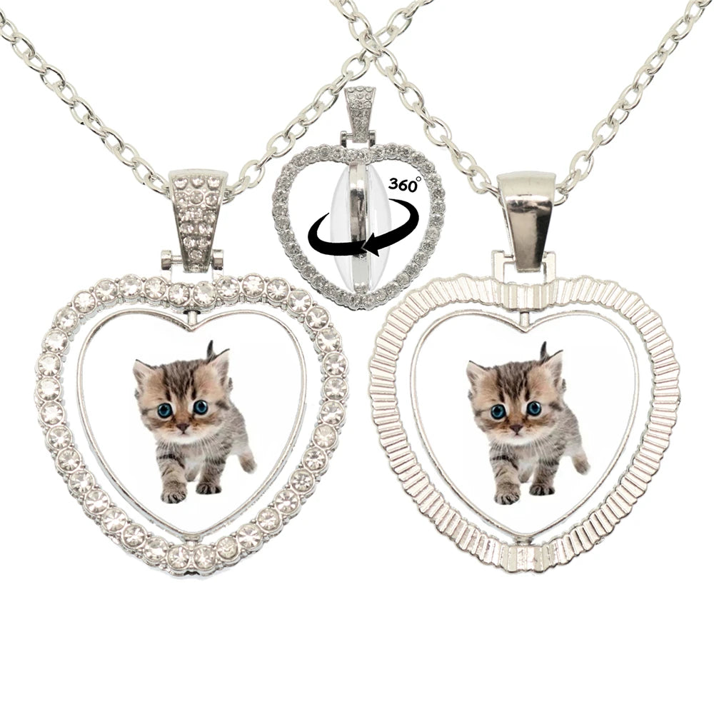 Lovely Little Cat Glass Cabochon 360 Degree Rotating Heart Shaped Pendant With Double-Sided Necklace For Girls' Birthday Gift Je