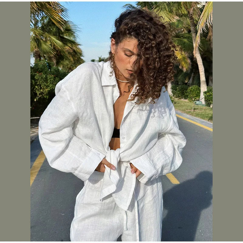 Women Classic Solid Wide Leg Pants Suits Summer Fashion V-neck One Button Loose Blouse Sets Casual Female Daily Streetwear 2025
